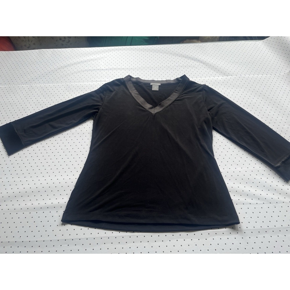 Ann Taylor Black Satin Trim V Neck Stretch Career Blouse Women Medium 3/4 Sleeve